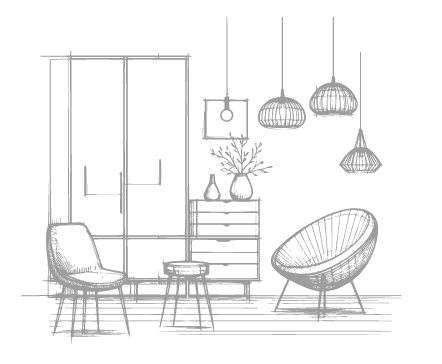 Ayuda para alquilar junto con boceto de un interior moderno que muestra luces colgantes, una silla redonda y una mesa pequeña. Un armario y una cómoda, cada uno con líneas elegantes, sostienen un jarrón en la parte superior, combinando a la perfección estilo y función para elevar la percepción.