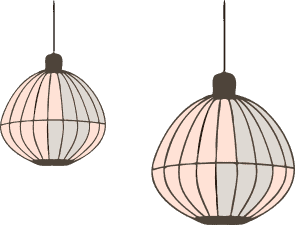 Se representan dos faroles colgantes esféricos con patrón de rayas y suaves tonalidades rosas y grises, que añaden un toque encantador a cualquier decoración.